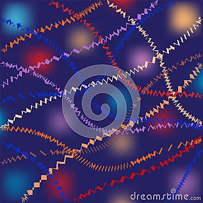 Abstract holiday background with colorful grunge wavy garlands on blue backdrop with blurred lights Vector Illustration