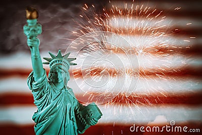 Abstract holiday fireworks 4th of July celebration in United States on Statue of Liberty of American flag on background Stock Photo