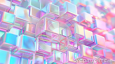 An abstract holo 3D texture with repetitive and symmetrical patterns of cubes and toruses, featuring glossy and iridescent Stock Photo