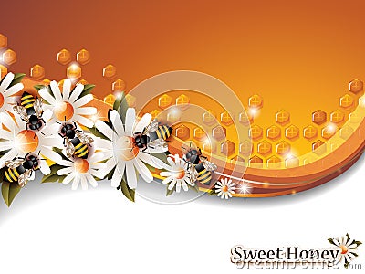 Abstract Honey Background with Working Bees and Spring Flowers Vector Illustration