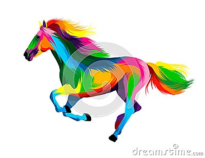 Abstract horse running at a gallop from multicolored paints. Colored drawing Vector Illustration