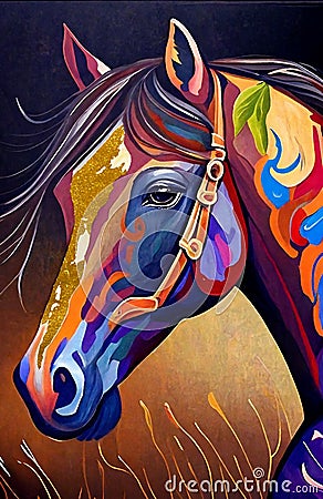 Abstract, horses, animals, white, black, gold, palette knife background. Stock Photo