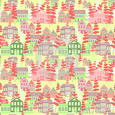 Abstract houses and trees of pink and yellow colors on a light background Vector Illustration