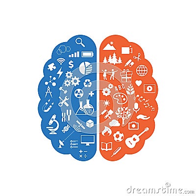 Abstract human brain with the icons of art and science. The concept of work left and right sides of the human brain. Education ico Cartoon Illustration
