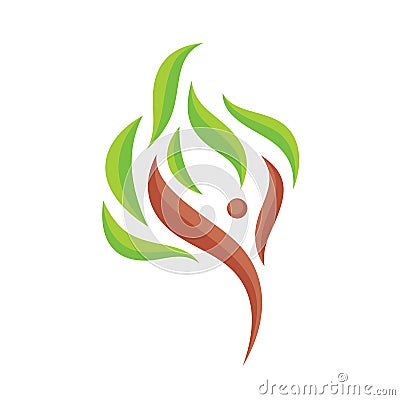 Abstract human character with green leaves - vector logo template illustration. Tree abstraction sign. Nature concept symbol. Vector Illustration