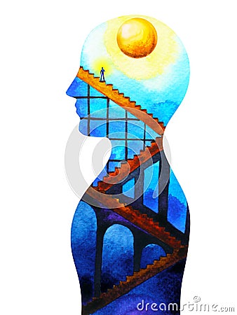 Abstract human connection mind and body moon power watercolor painting Cartoon Illustration