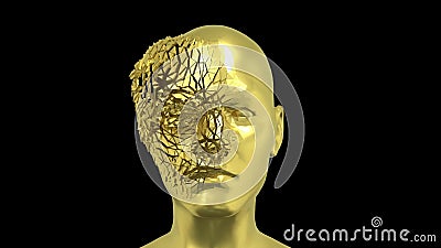 Abstract Human Head scattering into pieces, Golden face or sculpture with realistic environmental light reflections, 4K High Stock Photo