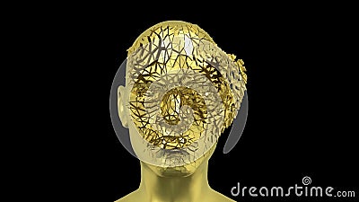 Abstract Human Head scattering into pieces, Golden face or sculpture with realistic environmental light reflections, 4K High Stock Photo