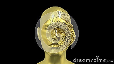 Abstract Human Head scattering into pieces, Golden face or sculpture with realistic environmental light reflections, 4K High Stock Photo