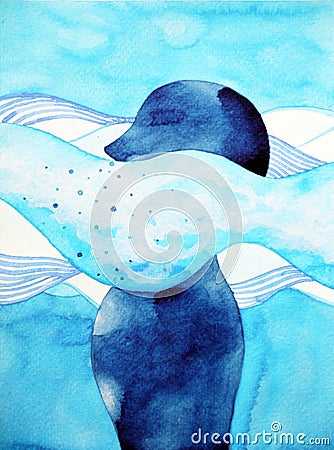 Abstract human sink in the air breathe head watercolor painting Cartoon Illustration