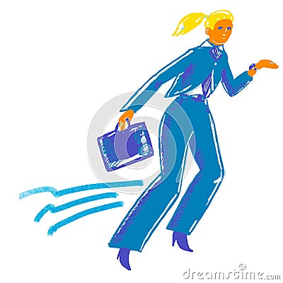 Abstract hurrying business lady in blue suit with laptop case Vector Illustration