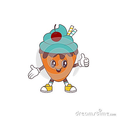 Abstract Ice cream character with face in groovy style. 70s, 80s, 90s vibes funky food sticker. Retro dessert vector Vector Illustration
