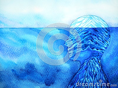 Abstract iceberg human head mind mental spiritual watercolor painting illustration design Cartoon Illustration