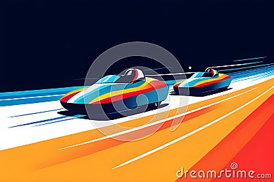 Abstract icon of a bobsled team racing down a sleek, minimalist track, with dynamic lines showing speed and motion Stock Photo