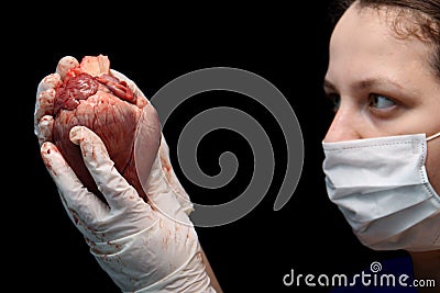 Abstract illegal organ transplantation. A human heart in the hand of a surgeon woman. International crime. Assassins in white coat Stock Photo