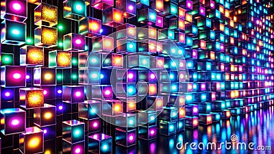 Abstract illuminated cube array with vibrant neon colors. Generative AI Stock Photo