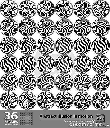 Abstract illusion in motion. 36 frames. Hypnotic Black and White element in motion. Separate animation layers in a loop Vector Illustration