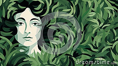 Abstract Illusionism: Woman In Green Leaves With Black Hair Cartoon Illustration