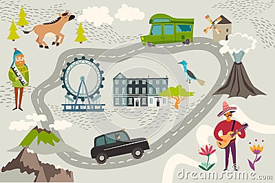 Abstract illustrated map. Road with a car, volcanos and mountains, musician characters and horse Vector Illustration