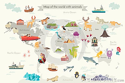 Abstract illustrated world map for children, kids Vector Illustration