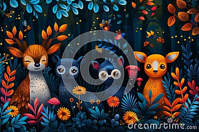 Abstract illustration of animals coming together in colorful forest Cartoon Illustration