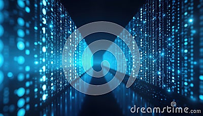 Abstract illustration of binary data. Futuristic digital display of information. Tech background. Information flows in corridor Cartoon Illustration