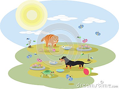 Abstract illustration of Dachshund dog and a red cat with toys Cartoon Illustration