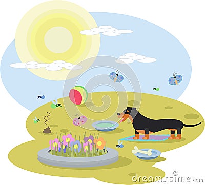 Abstract illustration of a Dachshund dog with toys in a meadow on a Sunny day Cartoon Illustration