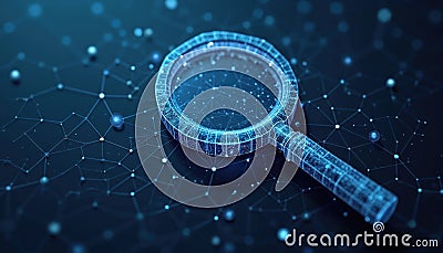 Abstract illustration of digital magnifying glass. Low poly wireframe design shows complex network structure, connection points. Cartoon Illustration