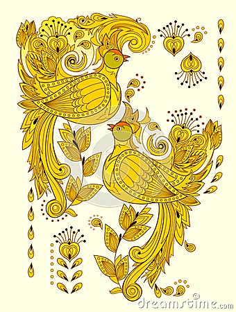 Abstract illustration of fantastic firebirds. Stylized couple of peacocks with decoration. Fashionable print for clothes, fabric, Vector Illustration