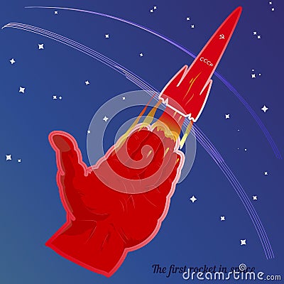 Abstract illustration, the first launch of the USSR rocket. A retro red rocket takes off, on a blue background Vector Illustration