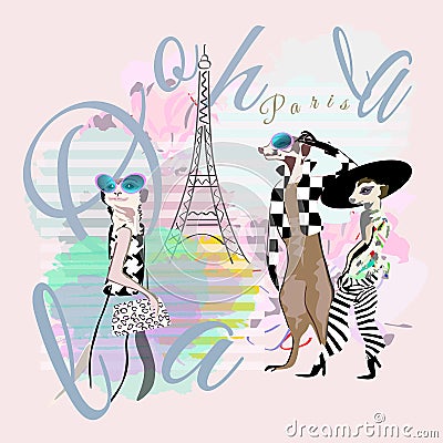 Abstract illustration of funny fashion one and two suricate Meerkat in Paris Cartoon Illustration