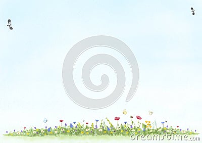 Abstract illustration, hand drawn and painted view of meadow with wild flowers, birds and butterfly, Cartoon Illustration