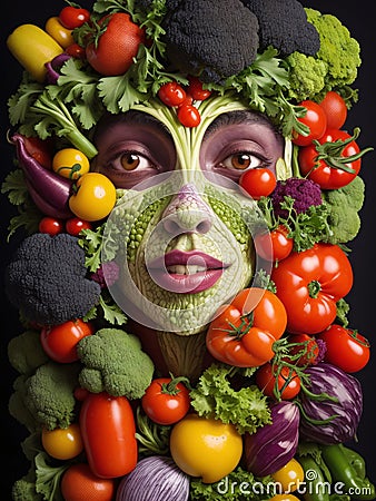 abstract illustration of a human face composed of different types of vegetables. Stock Photo