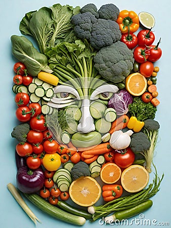 abstract illustration of a human face composed of different types of vegetables. Stock Photo