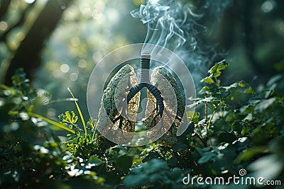 Abstract illustration of human lungs glowing and making smoke among green forest background Cartoon Illustration