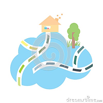 An isolated dream home on a blue cloud with pathways and a lone tree Cartoon Illustration