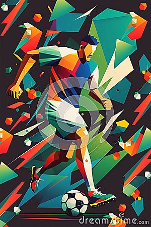 Abstract illustration of a male person running with a soccer ball made of geometric shapes Cartoon Illustration