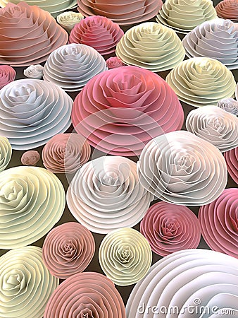 Abstract Illustration of paper-crafted, quilling flowers with different shades of spring colors. 3d rendering Stock Photo