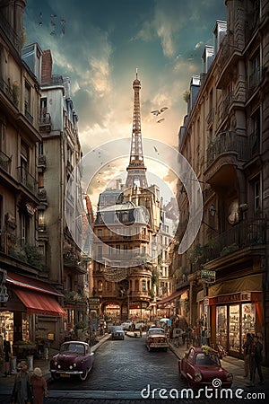 Abstract illustration of a Paris city, France, cartoon style. Ai generative Cartoon Illustration