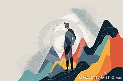 Abstract illustration of a person who climbs the financial chart, goes to his goal and success Cartoon Illustration