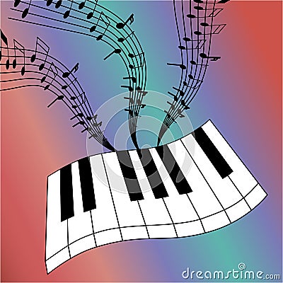 Abstract illustration of piano keys with a whirlwind of musical notes. Vector Illustration