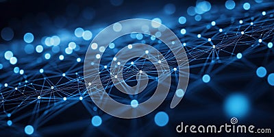 Abstract illustration shows complex network connections. Blue glowing lines, points create dynamic system. Image suggests Cartoon Illustration