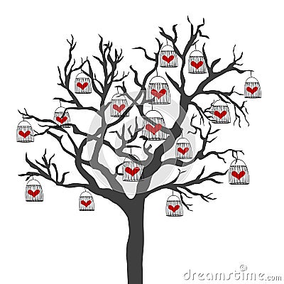 Abstract illustration of a tree with bird cages that have hearts closed in them Vector Illustration