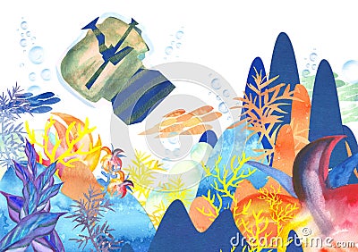 Illustration of underwater photography with watercolor camera Cartoon Illustration