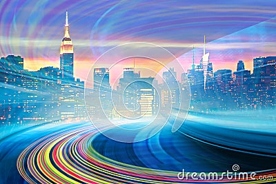 Abstract Illustration of an urban highway going to the modern city downtown Stock Photo