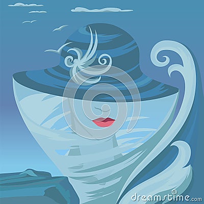 Abstract illustration with woman and sea Vector Illustration
