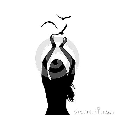 Abstract illustration of a woman silhouette with birds flying fr Vector Illustration