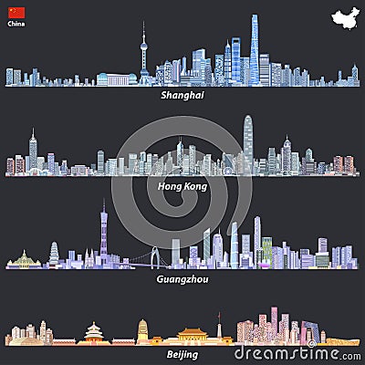 Abstract illustrations of Shanghai, Hong Kong, Guangzhou and Beijing skylines at night with map and flag of China Vector Illustration