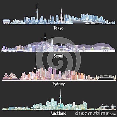 Abstract illustrations of Tokyo, Seoul, Sydney and Auckland skylines at night in different colorful palettes on soft black Vector Illustration